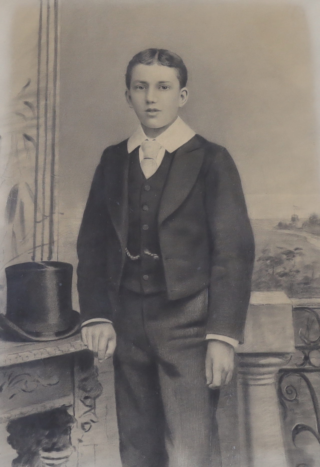 Early 20th century, charcoal, Three-quarter length portrait of a young boy, indistinctly signed lower right, 110 x 77cm